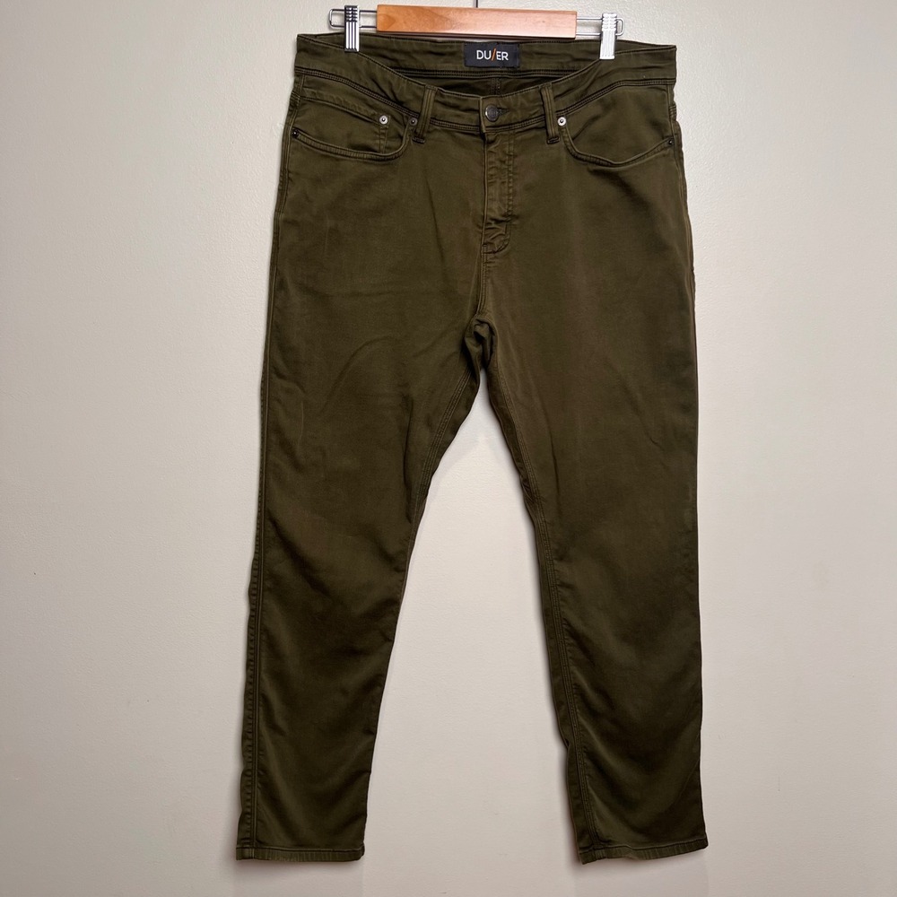 DU/ER N2X Relaxed Fit Pants Mens 34x30 Olive Green 5-Pocket Stretch Tapered
